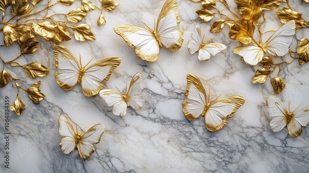 Gold butterflies on marble with floral elements Gold butterflies on marble with floral elements