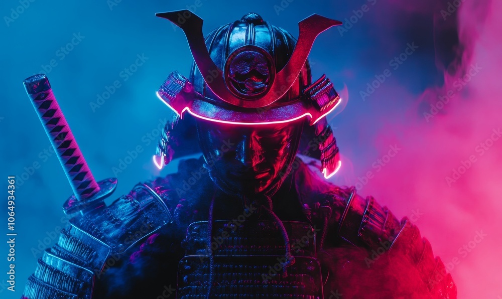Neon-lit samurai warrior with sword. Neon-lit samurai warrior with sword.