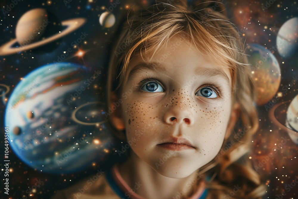 Child gazing at the cosmos in a retro-style space artwork collage, Generative AI blending imagination and wonder Child gazing at the cosmos in a retro-style space artwork collage, Generative AI blending imagination and wonder
