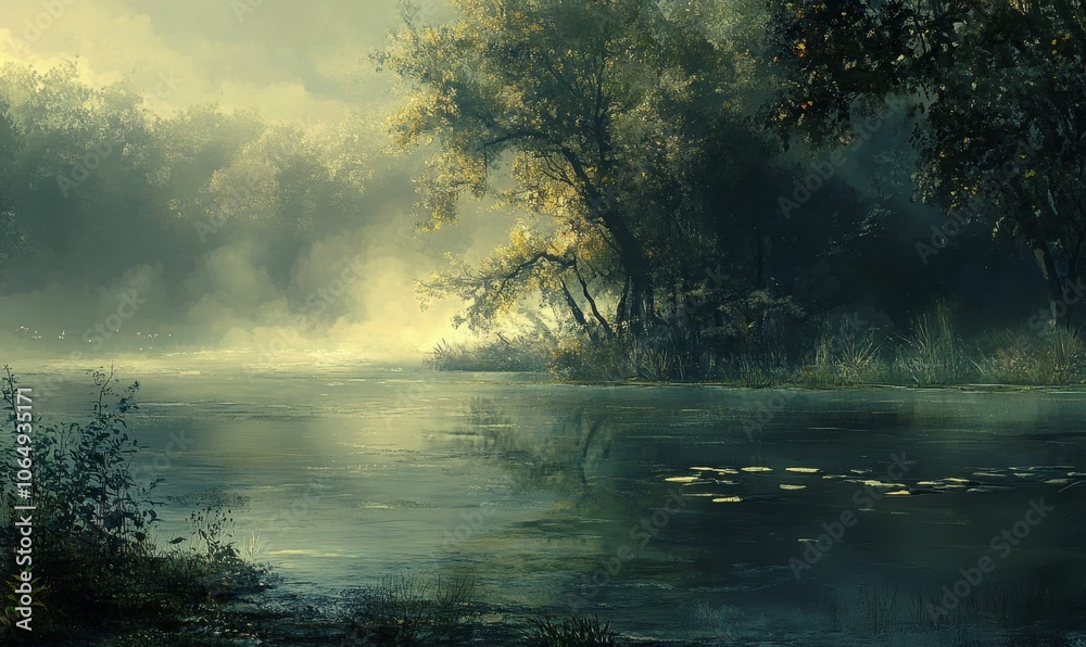 Misty morning river flowing through forest. Misty morning river flowing through forest.