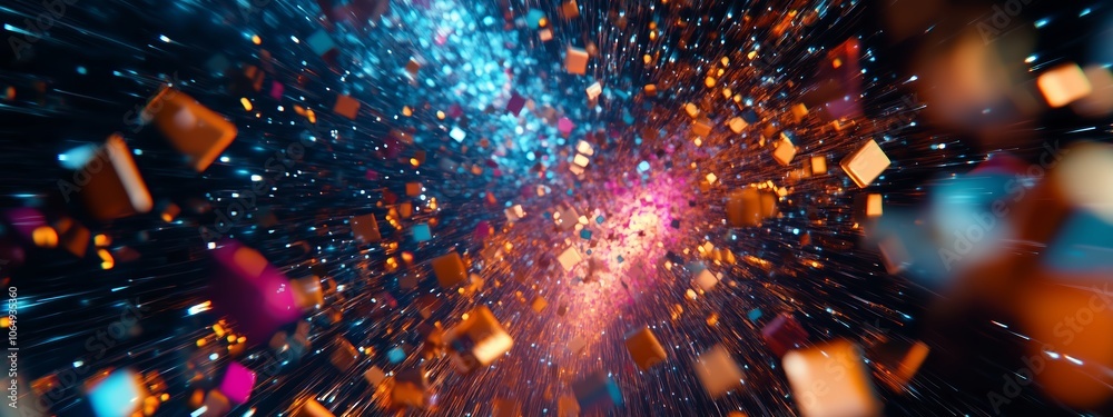 Fototapeta premium Colorful particles burst through a cosmic space in a vibrant display of light and movement during a stunning digital animation