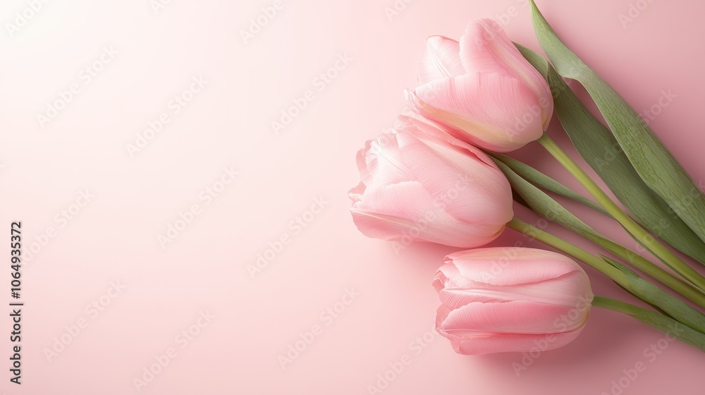 Fototapeta premium Gentle Blooms: Delicate pink tulips, a symbol of spring, sit beautifully, their petals unfurling, creating a sense of fresh beginning and romance.