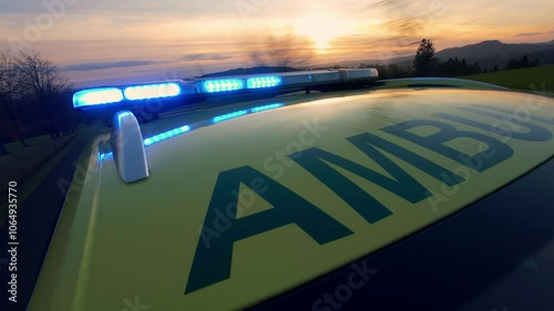 Close-up of red and blue lights on roof of ambulance car of emergency medical service on road sunset. Themes health care, rescue, accidents and disasters.
