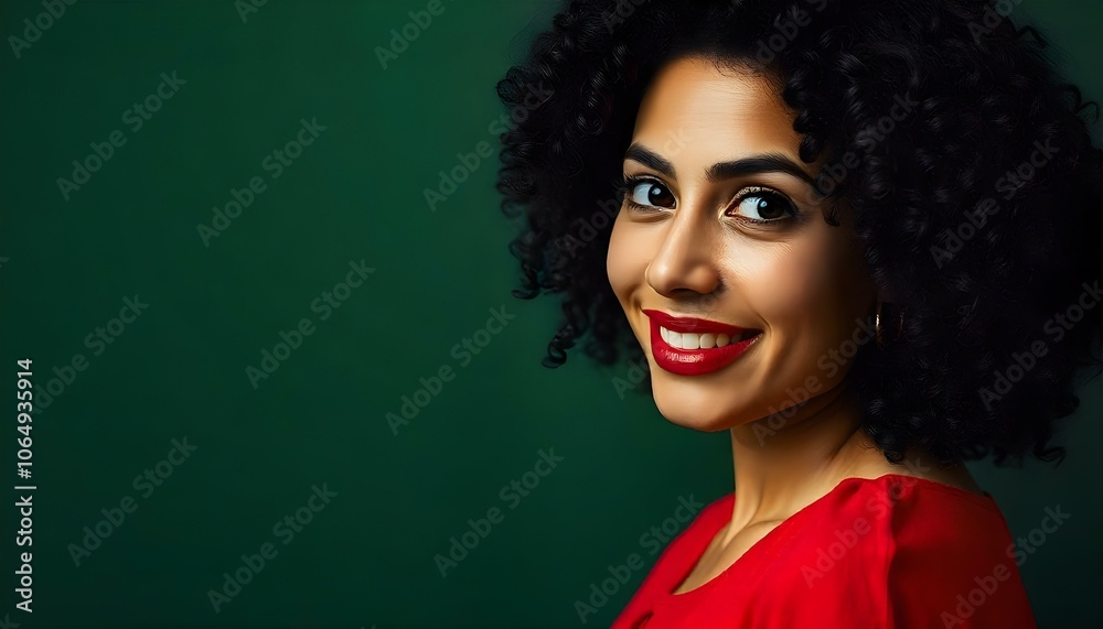 Fototapeta premium Hispanic woman in a Christmas festive red dress and gold earrings isolated on a deep green background with copy space