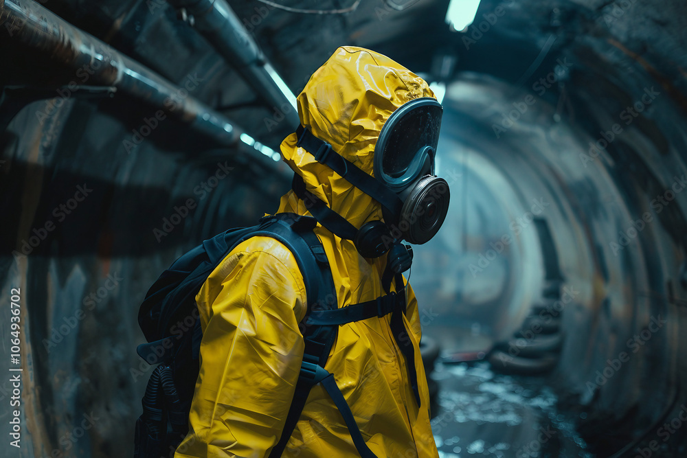 Obraz premium Generative AI Image of a Man in Protective Suit Inside a Shelter Underground Tunnel for Safety or Contamination Protection
