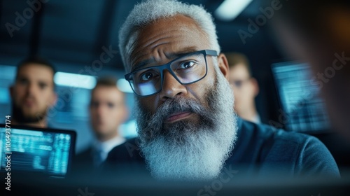 A team of analysts gathers in a modern office after hours, discussing complex data while an experienced analyst listens attentively, analyzing the information on his screen