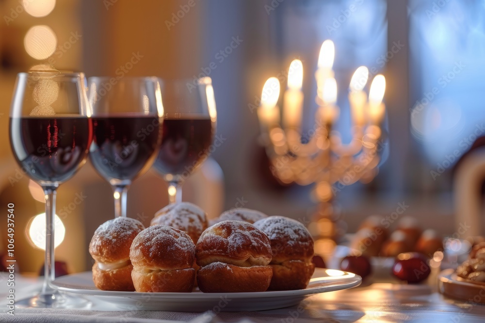 Obraz premium Cozy holiday evening with wine, pastries, and candlelight ambiance