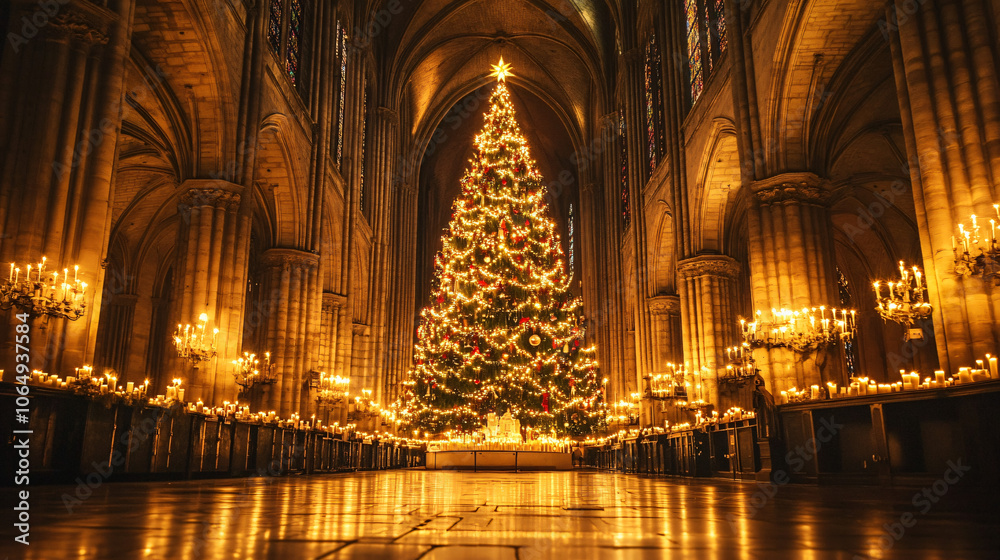 A majestic Christmas tree in a cathedral, illuminated by candles. A majestic Christmas tree in a cathedral, illuminated by candles.