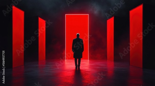 A solitary figure in a long coat stands in a shadowy space, surrounded by vertical red panels, gazing toward a bright, glowing doorway that beckons from the dark photo