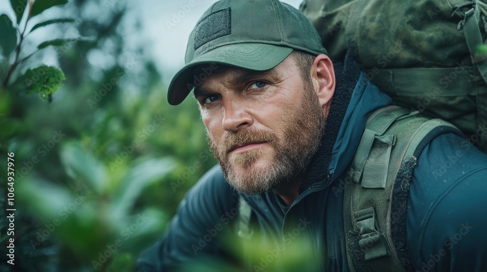 Fototapeta premium Hiker lost in a dense forest, emphasizing the dangers of being stranded in the wilderness without proper equipment