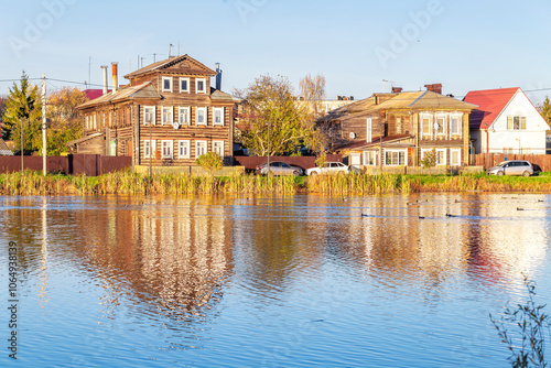 Bogorodsk, Nizhny Novgorod region, Russia, Street view of an ancient provincial Russian city on the shore of a lake on a summer evening. An ancient building of artisans, an architectural monument.