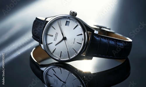 A silver watch with a black leather band. photo