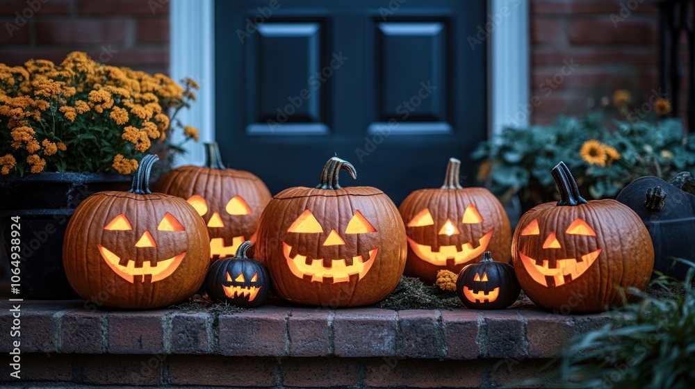 Obraz premium Pumpkins carved into jack-o-lanterns glowing on a porch, symbolizing the spooky and festive atmosphere of Halloween
