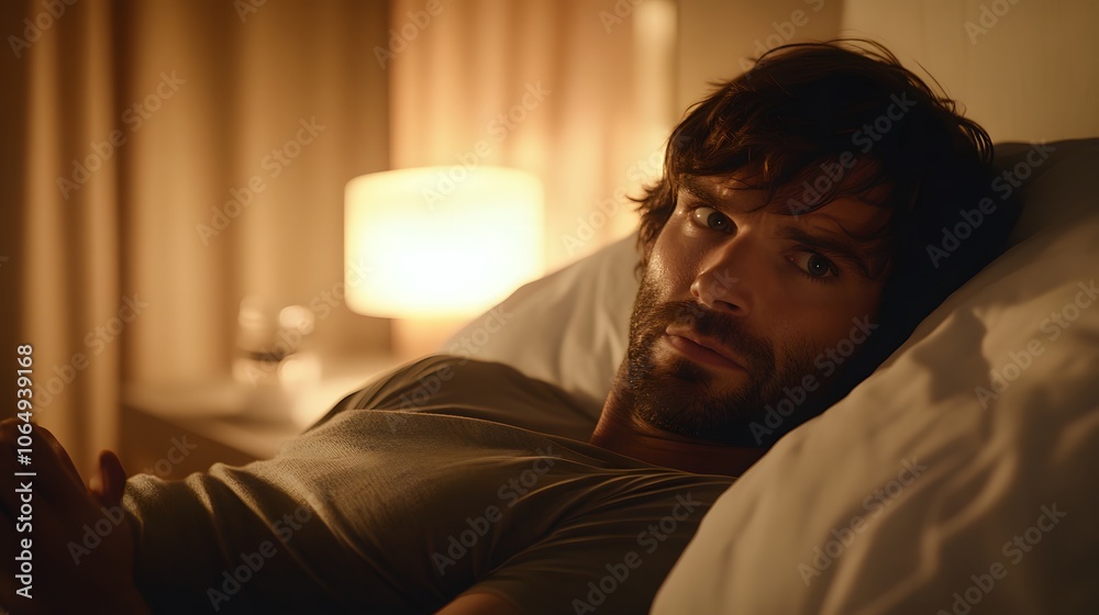 Man lying in bed with wide-open eyes, showing deep concern and fatigue, unable to sleep in dimly lit room with soft glow from nightstand lamp Man lying in bed with wide-open eyes, showing deep concern and fatigue, unable to sleep in dimly lit room with soft glow from nightstand lamp