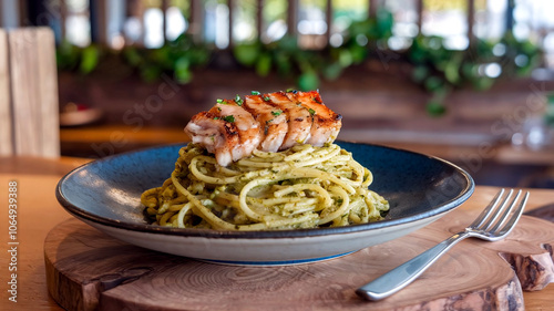 A plate of al dente pesto spaghetti topped with perfectly grilled unagi, set on a rustic wooden table in a cozy restaurant ambiance. 