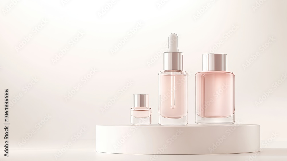 Cosmetic Trio: A close-up shot of three elegant cosmetic bottles, showcasing the beauty and essence of self-care. The pristine arrangement is enhanced by a simple, minimalist presentation. Cosmetic Trio: A close-up shot of three elegant cosmetic bottles, showcasing the beauty and essence of self-care. The pristine arrangement is enhanced by a simple, minimalist presentation.