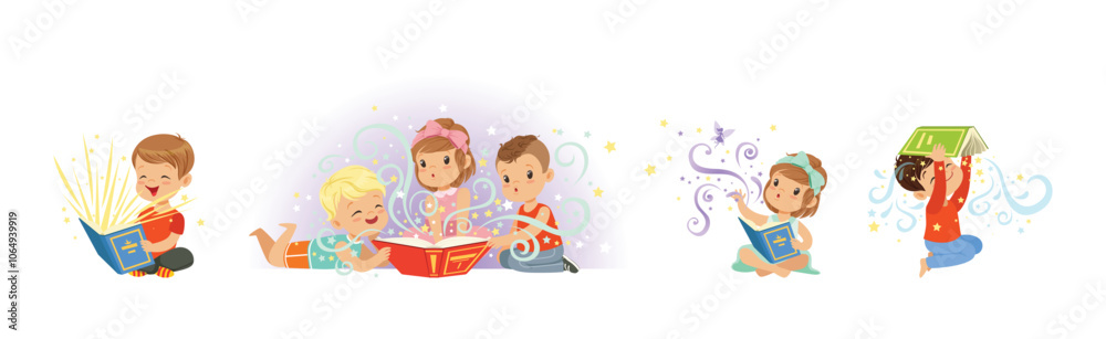 Little Boy and Girl Read Fairytale Book Dream of Imaginary World Vector Set Little Boy and Girl Read Fairytale Book Dream of Imaginary World Vector Set