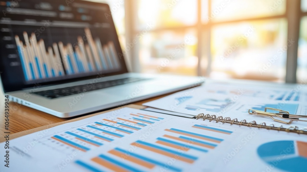 A close-up of a laptop and documents on a desk, set up in a stock photo