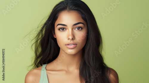 Portrait of smiling latin american teenage girl with green background.