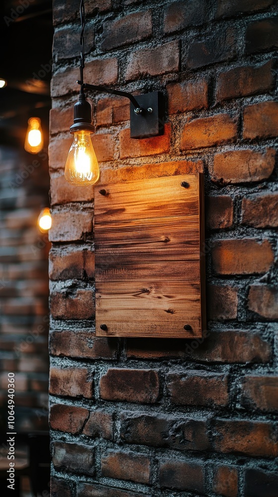 A simple wooden sign hangs against a textured brick wall, adding to the cozy vibe