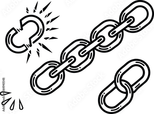 A black and white illustration of a chain breaking apart.