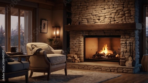 Warm atmosphere of room with fireplace, winter concept. Generative ai