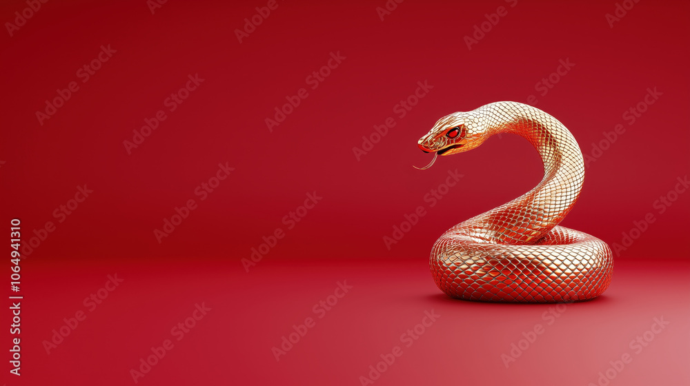 Obraz premium A shiny, golden snake coiled on a vibrant red background, symbolizing elegance and danger in a visually striking composition.
