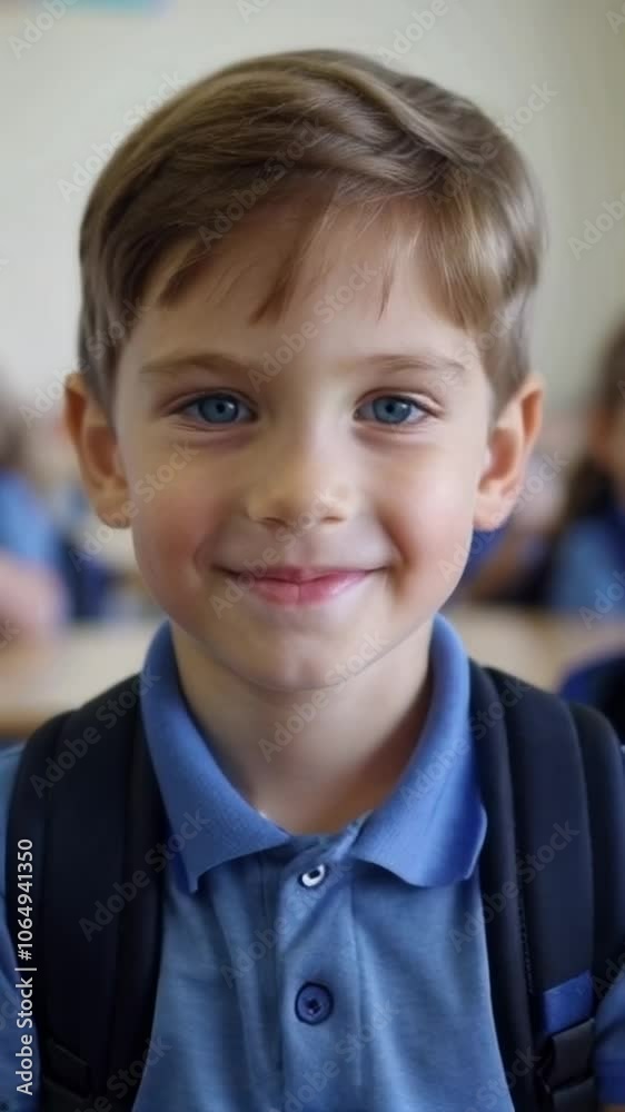 Smiling Young Schoolboy in Classroom, Close-up of a young boy with a backpack, smiling confidently in a classroom setting.
Smiling Young Schoolboy in Classroom, Close-up of a young boy with a backpack, smiling confidently in a classroom setting.