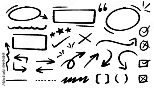 Hand drawn doodles set vector. Set of hand drawn arrows scribble doodles, lines, pointers, rectangle, circles, check box, dividers, stars, quotations etc	