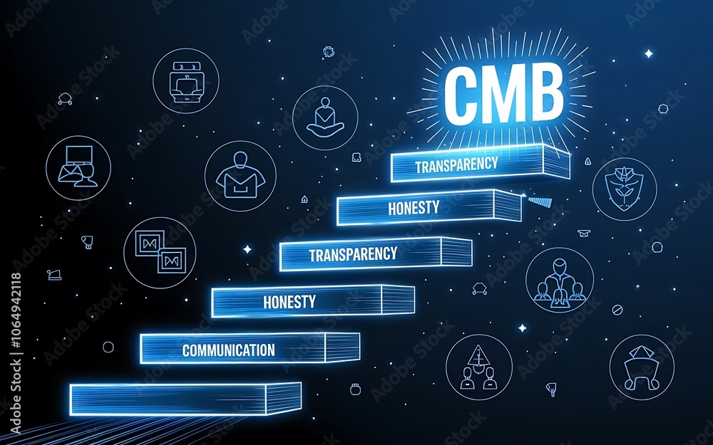 CMB: The Path to Success: A futuristic, abstract illustration depicting a neon-lit staircase leading to CMB: The Path to Success: A futuristic, abstract illustration depicting a neon-lit staircase leading to