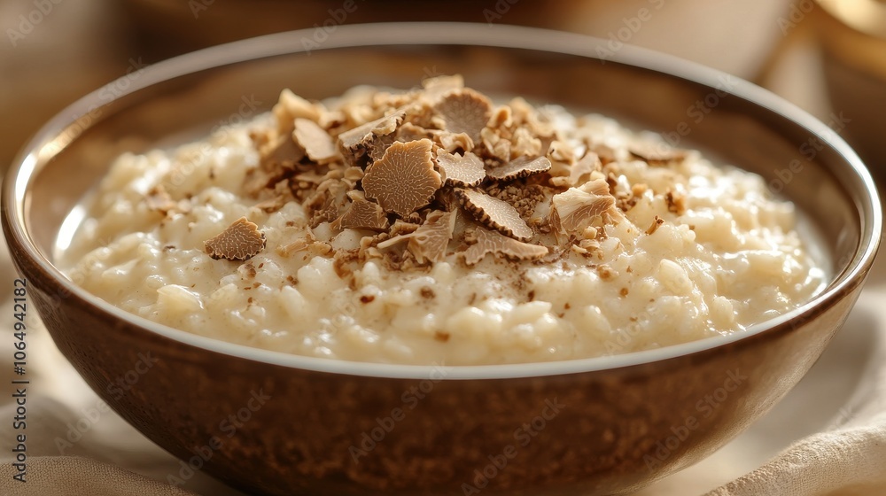 A warm bowl of creamy porridge sits on a rustic table, garnished with chocolate pieces and crunchy nuts, inviting a comforting start to a chilly morning in a cozy kitchen. A warm bowl of creamy porridge sits on a rustic table, garnished with chocolate pieces and crunchy nuts, inviting a comforting start to a chilly morning in a cozy kitchen.
