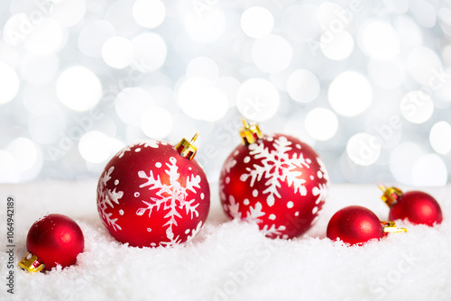 Obraz na płótnie Christmas and New Year background. Red Christmas Baubles on white defocused background w salonie