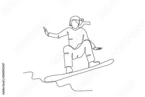 Continuous one line drawing. Woman snowboarding in winter. Tourist sport concept. Vector illustration black on white
