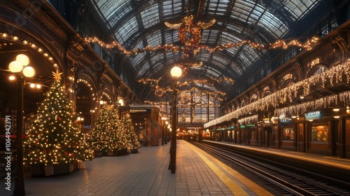 A train station adorned with holiday lights, celebrating stock photo