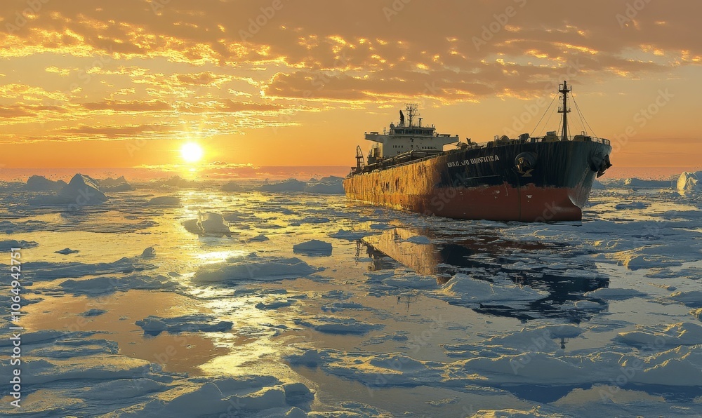 Fototapeta premium Ship sailing through ice floes at sunset.
