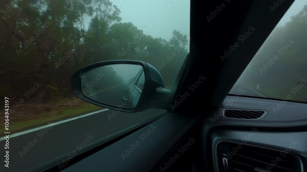 Car drive on road with heavy fog and bad weather conditions, unsafe driving Car drive on road with heavy fog and bad weather conditions, unsafe driving
