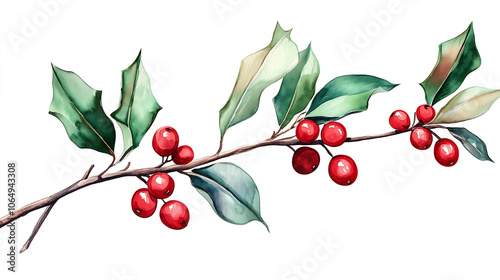 Elegant watercolor depiction of a holly branch with bright red berries and lush green leaves, isolated on white background