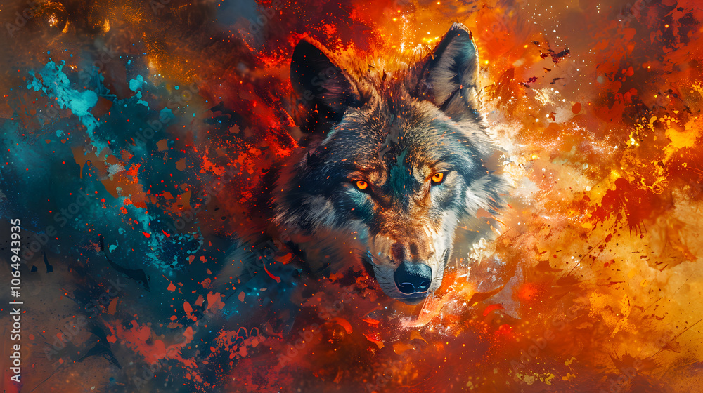 Fototapeta premium A powerful depiction of a wolf bathed in radiant, fiery hues. This vibrant artwork combines elements of wildlife and abstract art, creating an intense visual impact