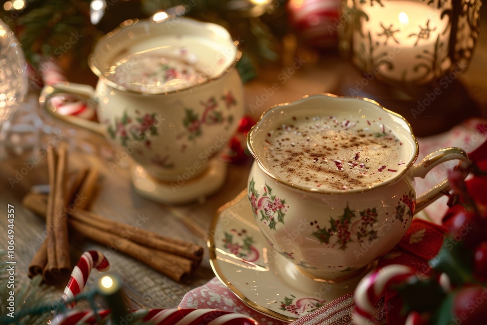 Fototapeta premium Festive holiday coffee with cinnamon and peppermint