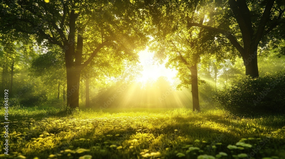 Obraz premium Sunbeams Through Forest Trees