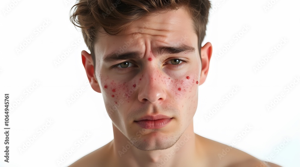 Obraz premium Young Man with Acne on Face Isolated on White Background