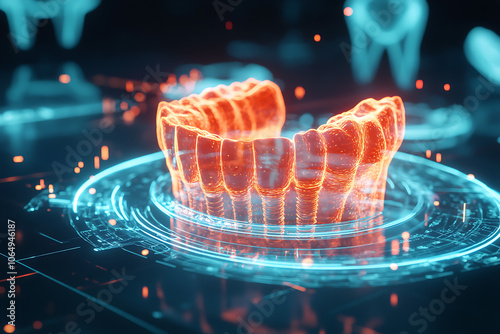 A glowing hologram of the entire dental implant, showcasing detailed anatomical structures with a futuristic, digital appearance.