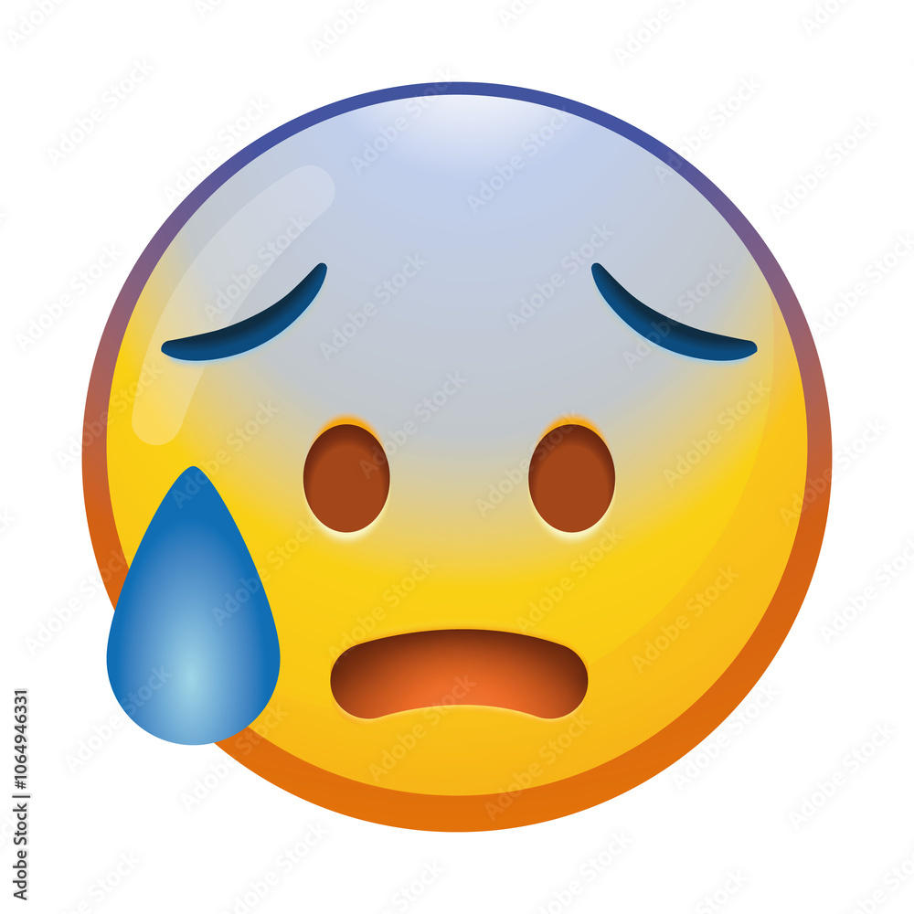 Fototapeta premium An anxious emoji face with sweat droplets and wide eyes, conveying feelings of nervousness and unease in bright yellow and blue tones.