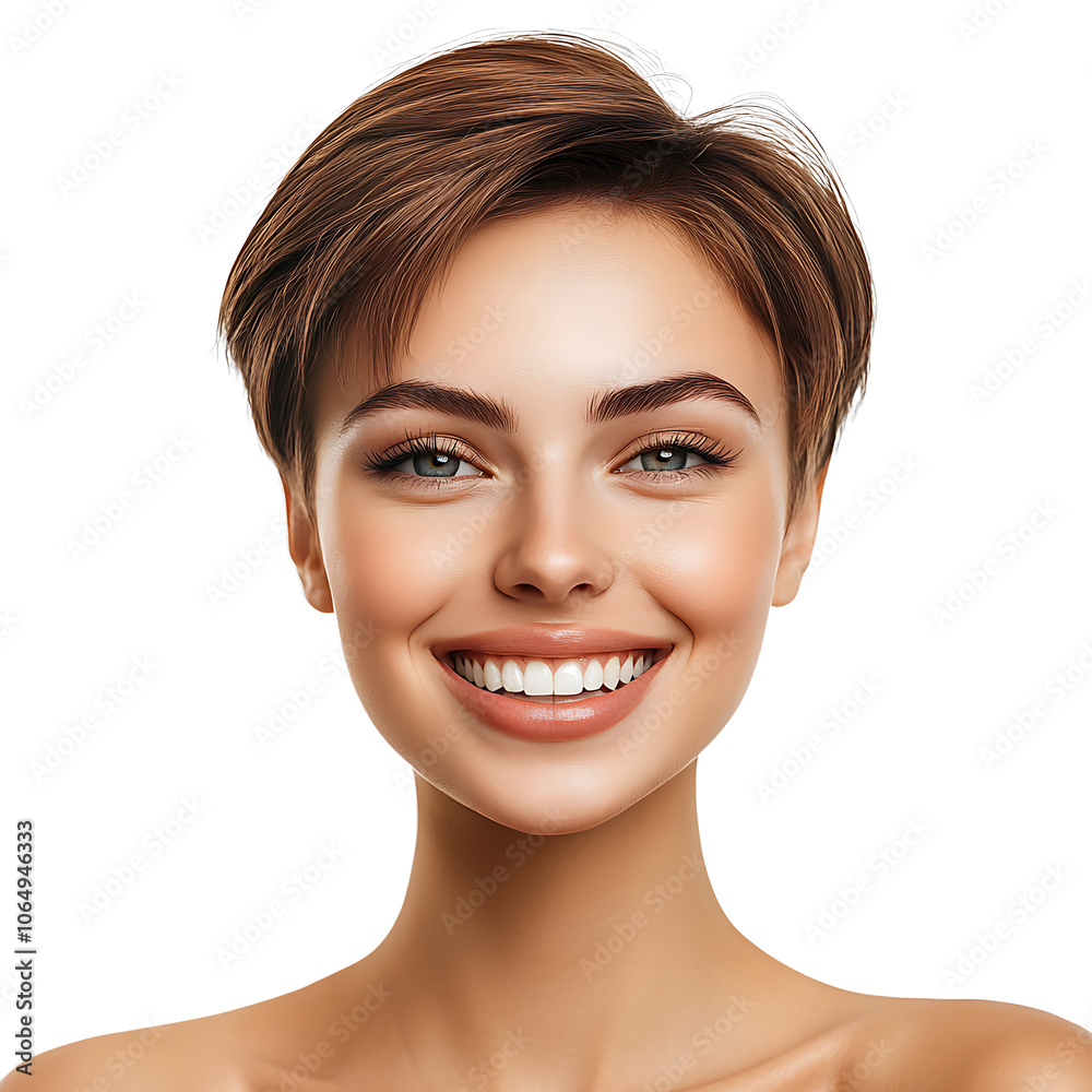 Obraz premium Portrait of a beautiful female model with short brown hairstyle. Fashion, cosmetics, and makeup concepts isolated on a transparent background
