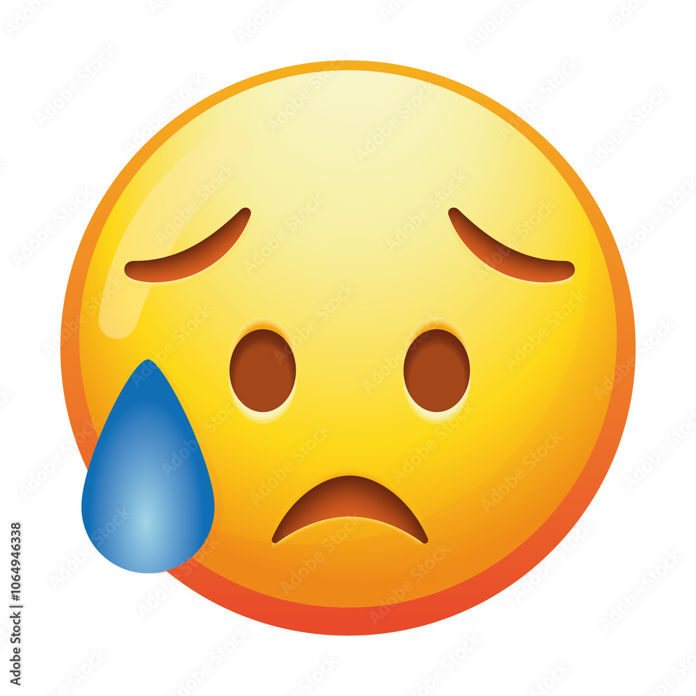 Fototapeta premium A sad but relieved emoji face with downcast eyes and a small smile, expressing mixed emotions of sadness and relief in soft yellow tones.
