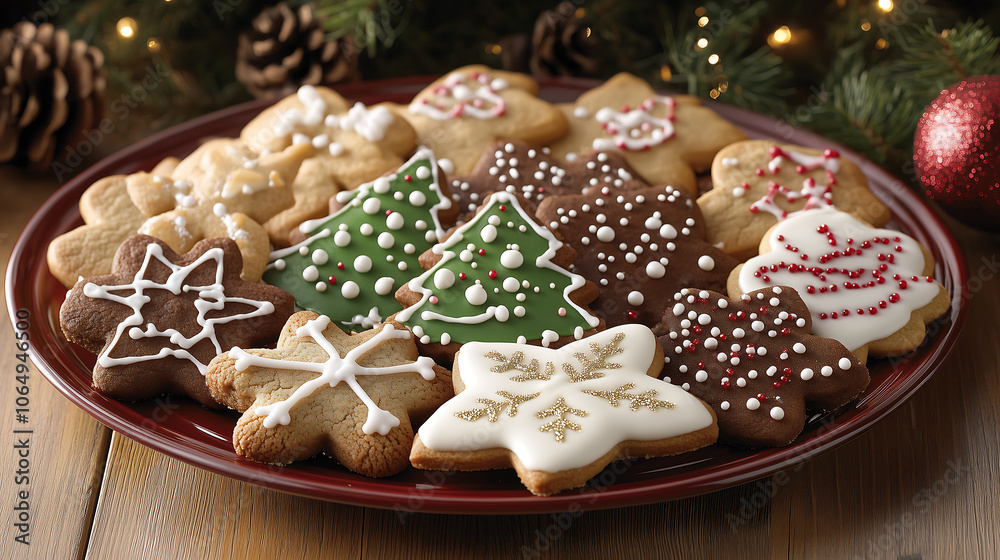 Fototapeta premium A colorful assortment of Christmas cookies arranged on a decorative plate