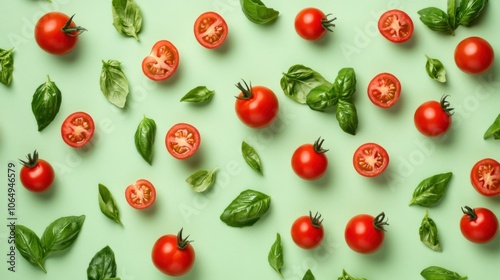 A floral-like arrangement of cherry tomatoes, whole and halved, scattered on a light green background, with fresh basil leaves for contrast.