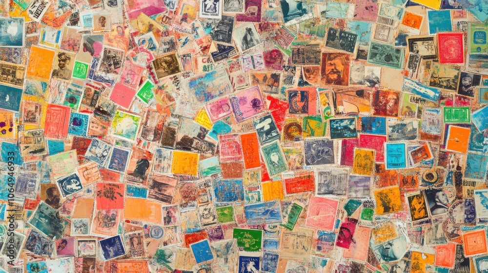 Fototapeta premium A surface densely covered with international postage stamps, filling every inch of the frame with their vibrant colors, unique designs, and cultural diversity.