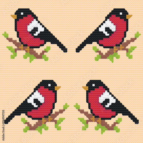 Knitted pattern. A bullfinch bird is sitting on a branch.  Vector illustration. Realistic texture of knitted wool fabric. A Christmas sweater. New Year's background. Winter holidays. Flat style.