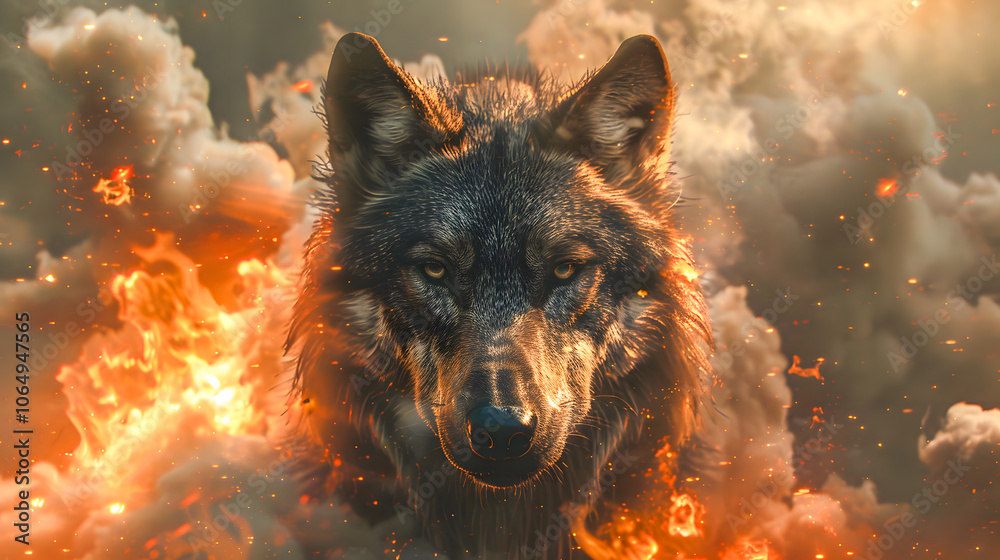 Fototapeta premium A powerful depiction of a wolf bathed in radiant, fiery hues. This vibrant artwork combines elements of wildlife and abstract art, creating an intense visual impact